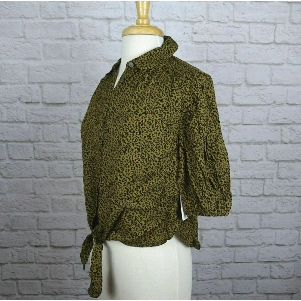 NWT Free People Celia Top Leopard Print Tie-Front Puff Sleeves Button Down XS